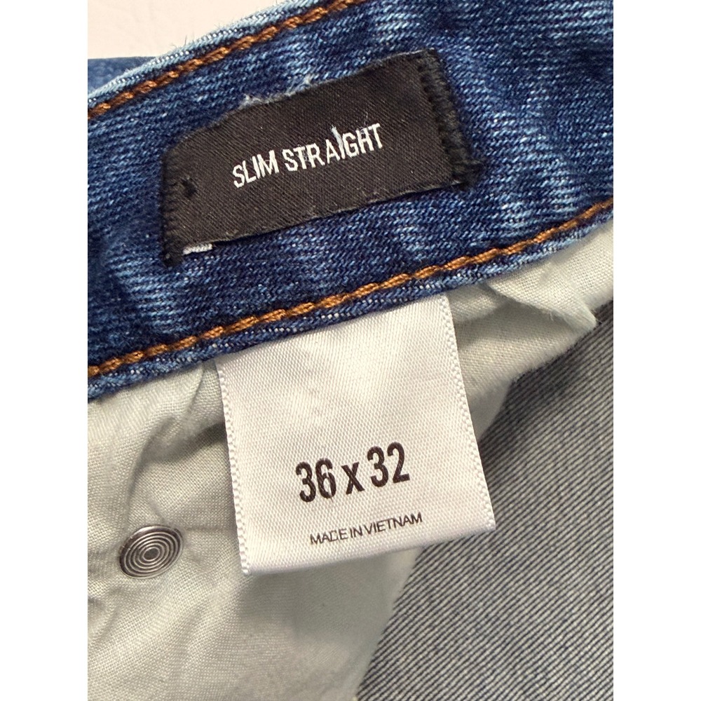 EXPRESS Slim Straight Men‎ Jeans Dark Wash Distressed Button Fly 36x32 - Picture 7 of 10